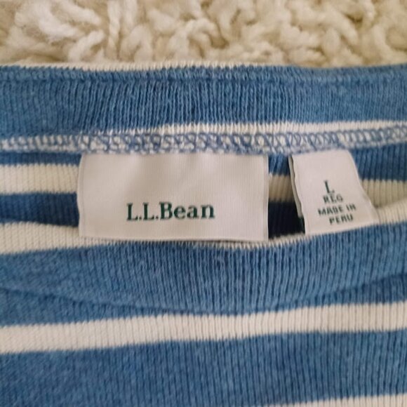 L.L. Bean Women’s Large Blue White Striped Boatneck 3/4 Sleeve 100% Cotton Shirt - Picture 2 of 5